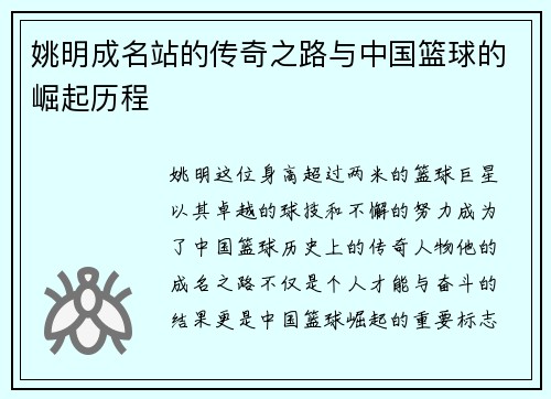 姚明成名站的传奇之路与中国篮球的崛起历程